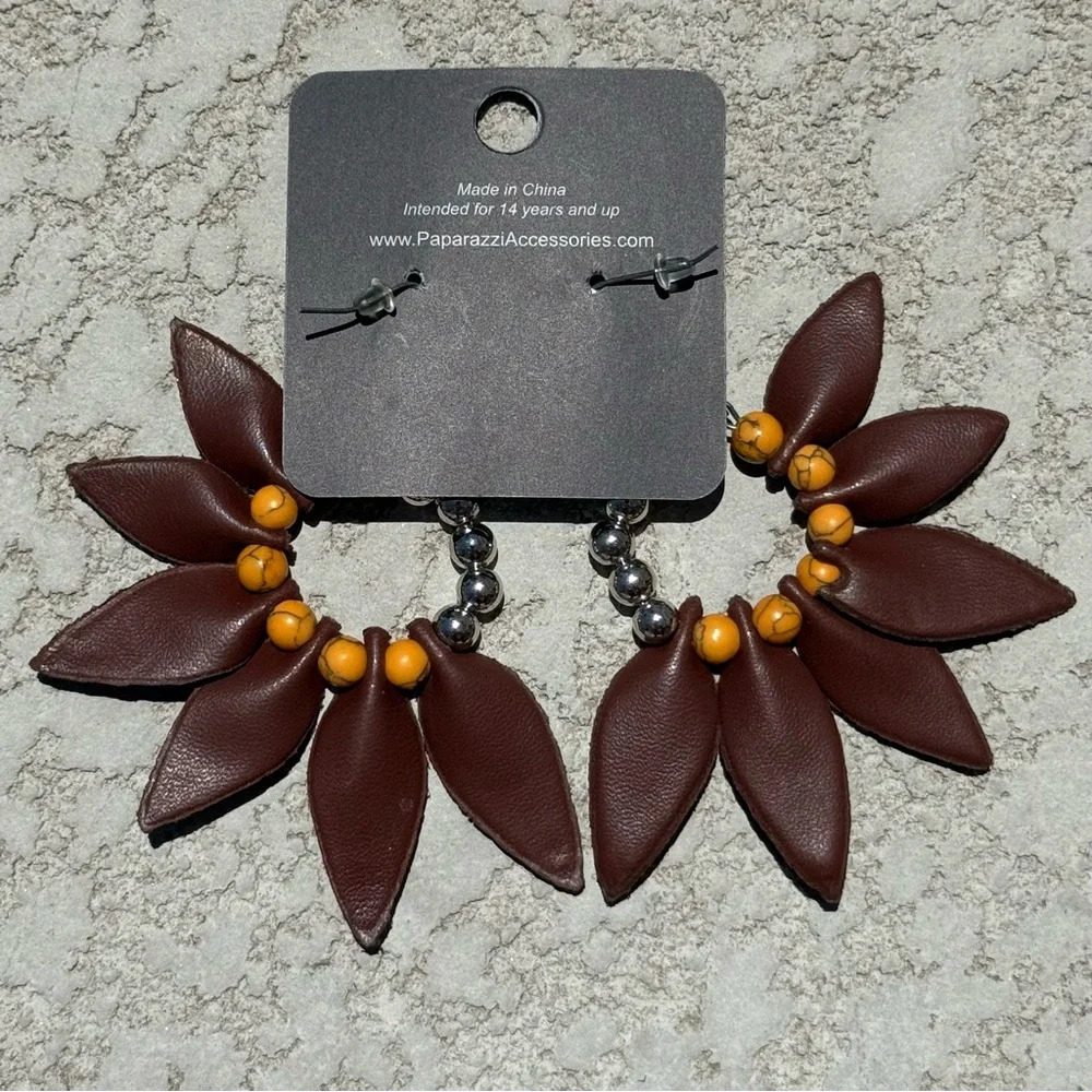 Boho Statement Earrings Brown Leather Petals & Yellow Beads Paparazzi Jewelry - Picture 4 of 4
